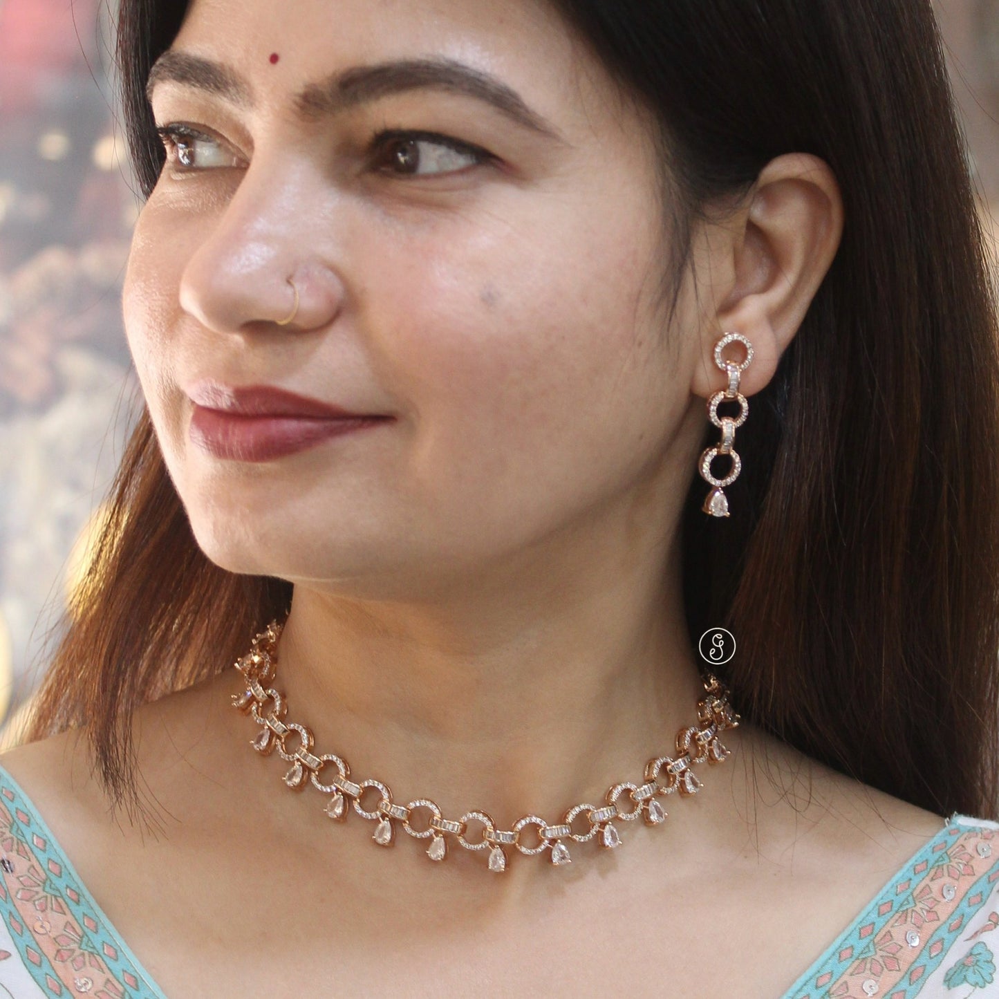 Chic Rose Gold Tone CZ Diamond Necklace Set