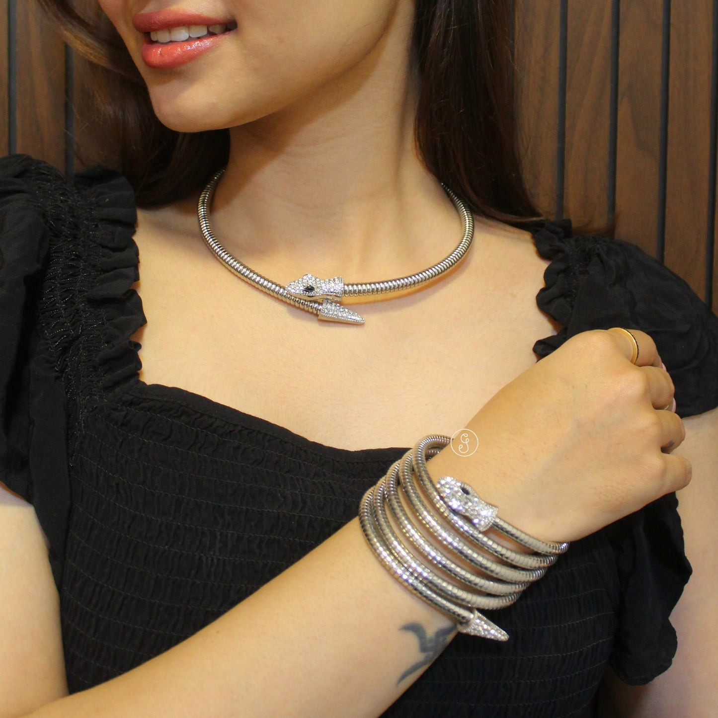 Silver Snake Design Statement Necklace & Bracelet