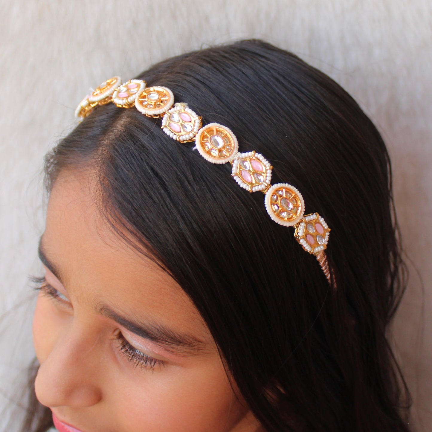 Pink & Golden Brass Charms Work Ethnic Hair-band