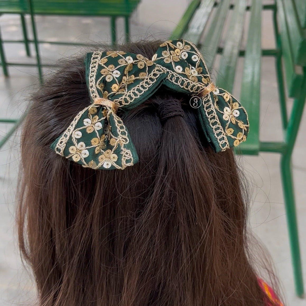 Green Embroidered Ethnic Bow Hair Clip