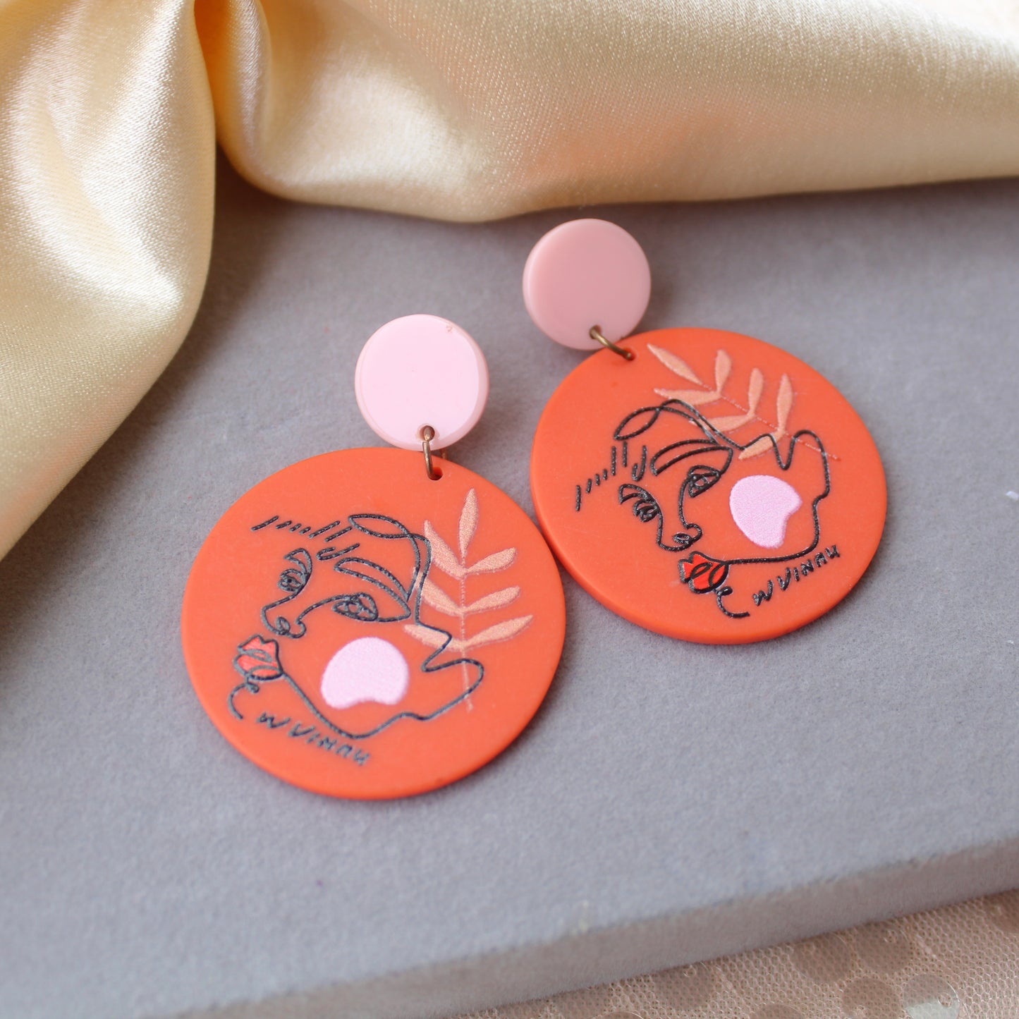 Pink & Orange Colour Abstract Art Printed Earrings