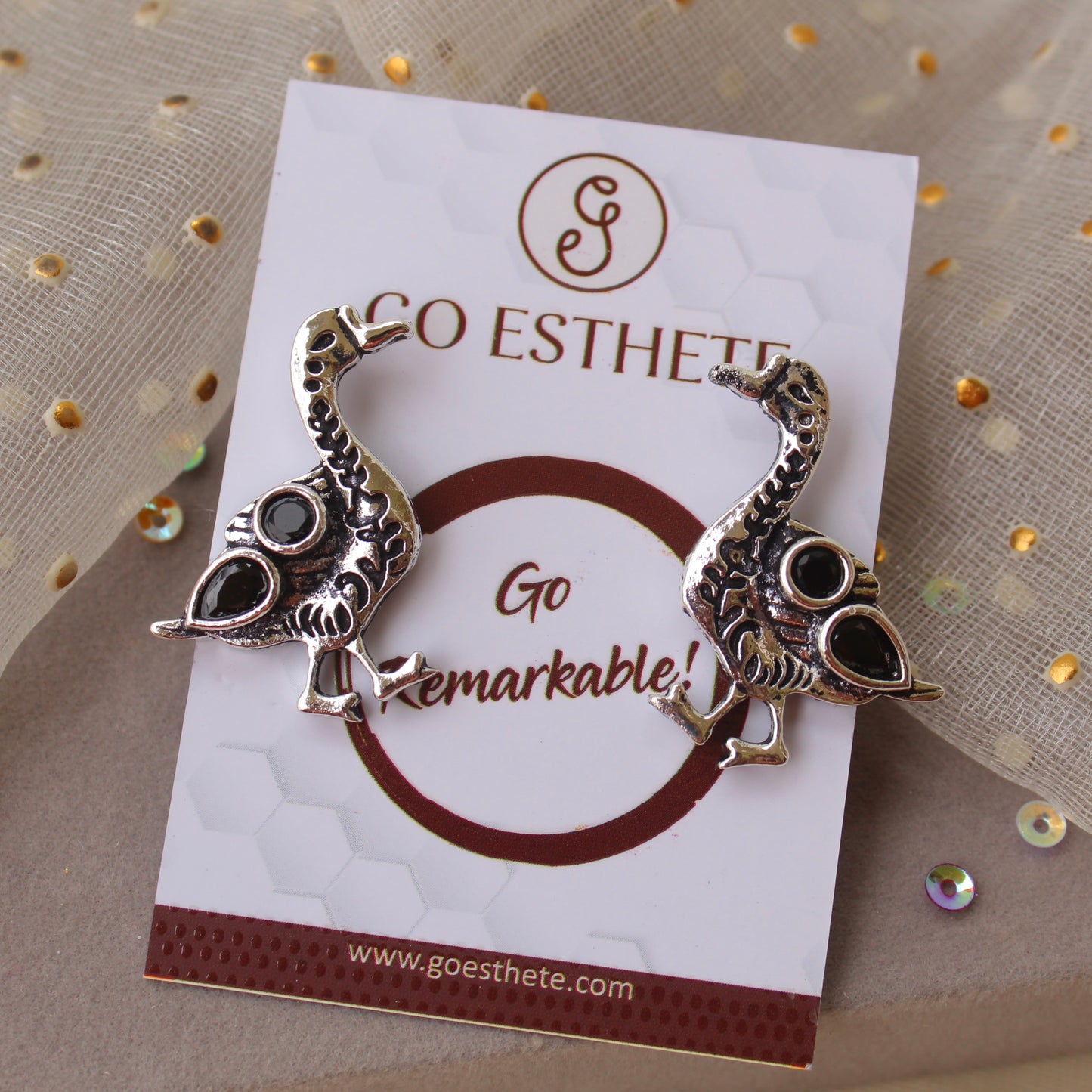 Elegant Oxidised Silver Duck Stud Earrings