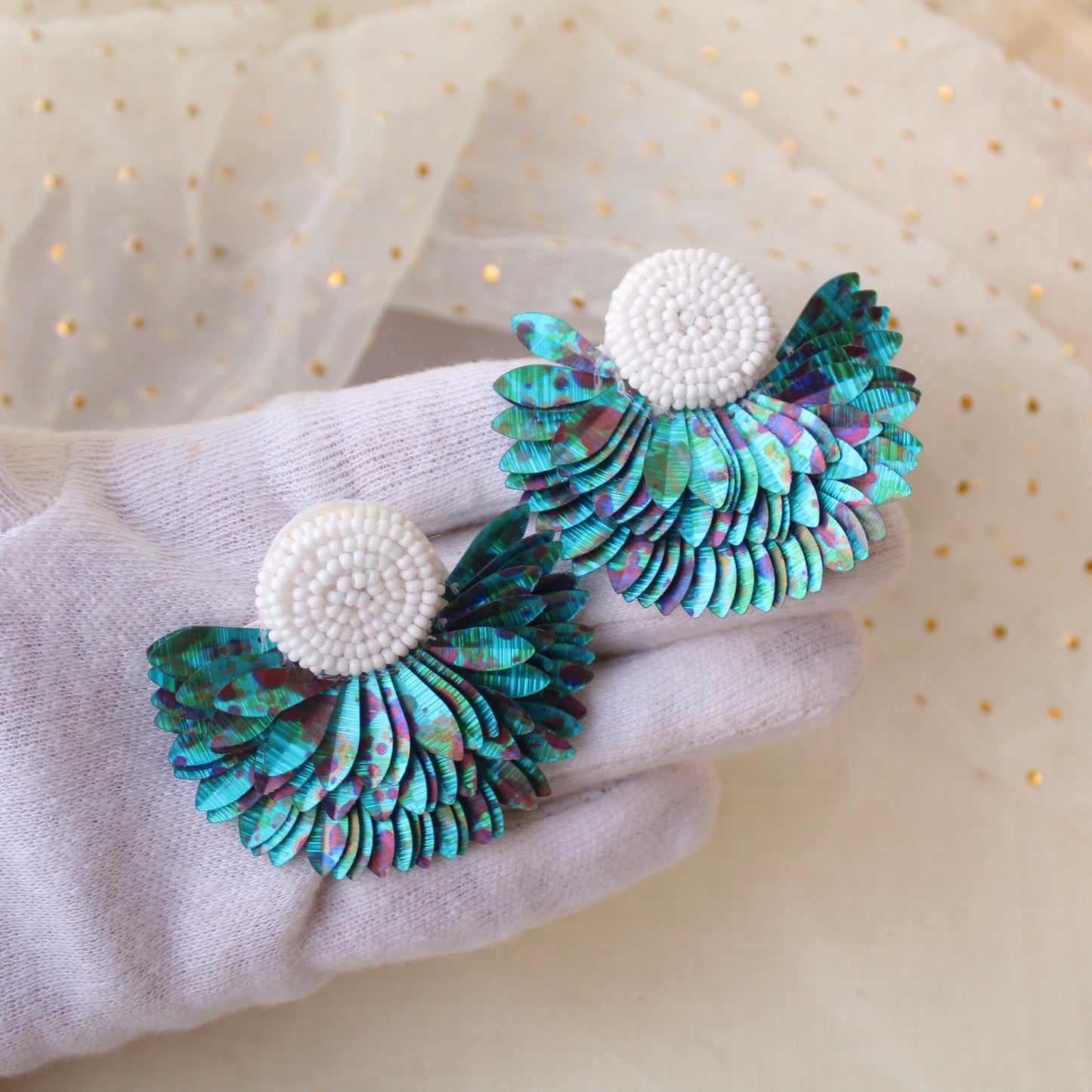Teal Blue Feather Style Handcrafted Earrings