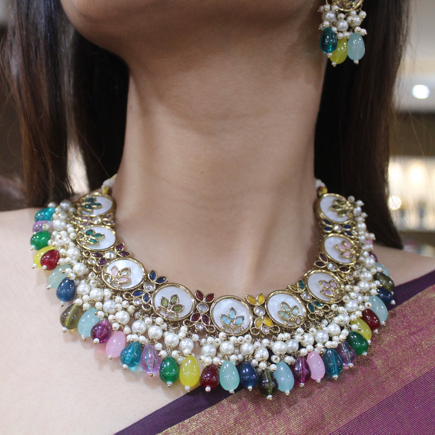 Classic Multicoloured Necklace Set With Tika