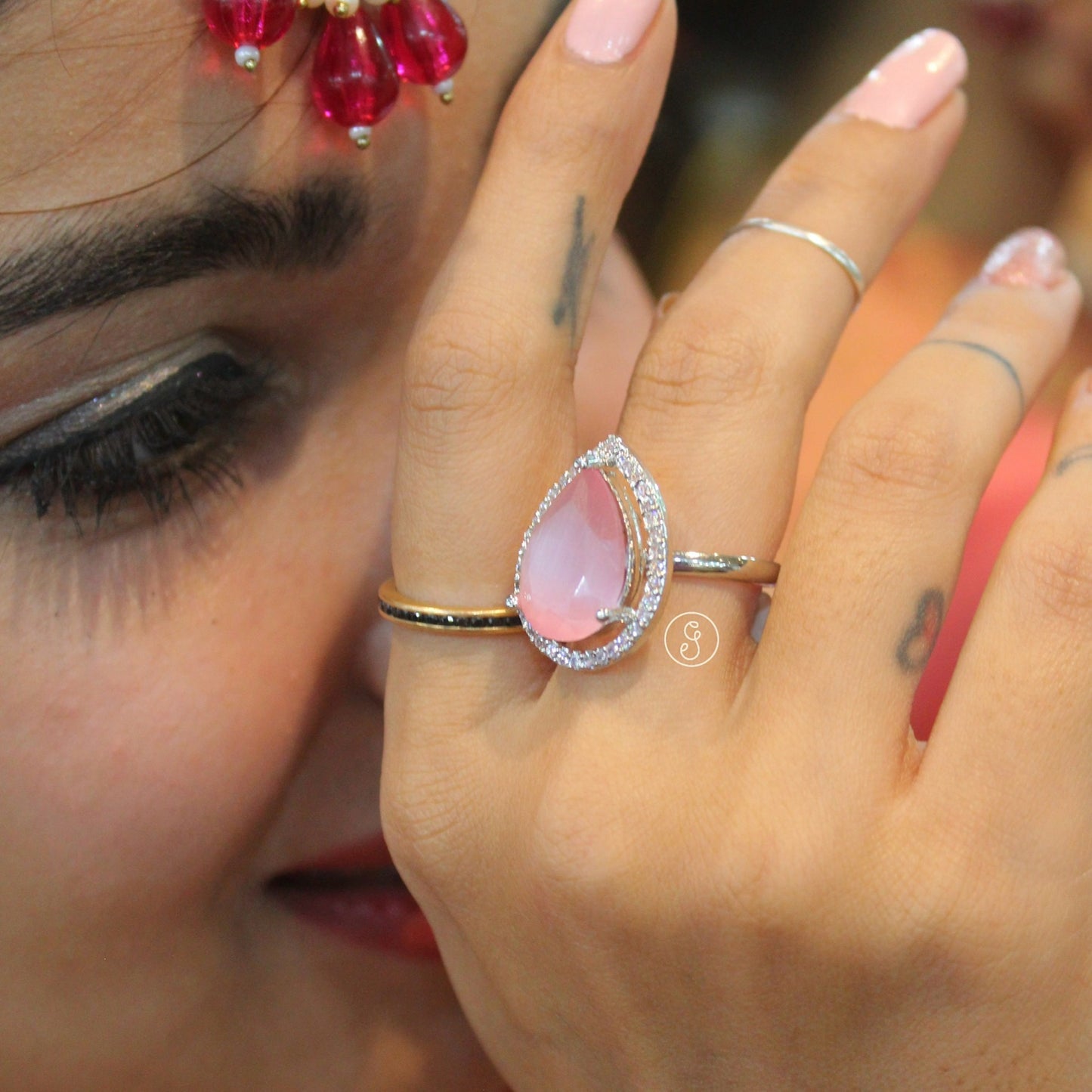 Pastel Pink Diamond Studded Adjustable Ring