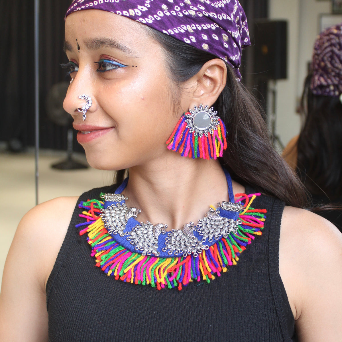 Multicoloured Frills & Oxidised Silver Necklace Set