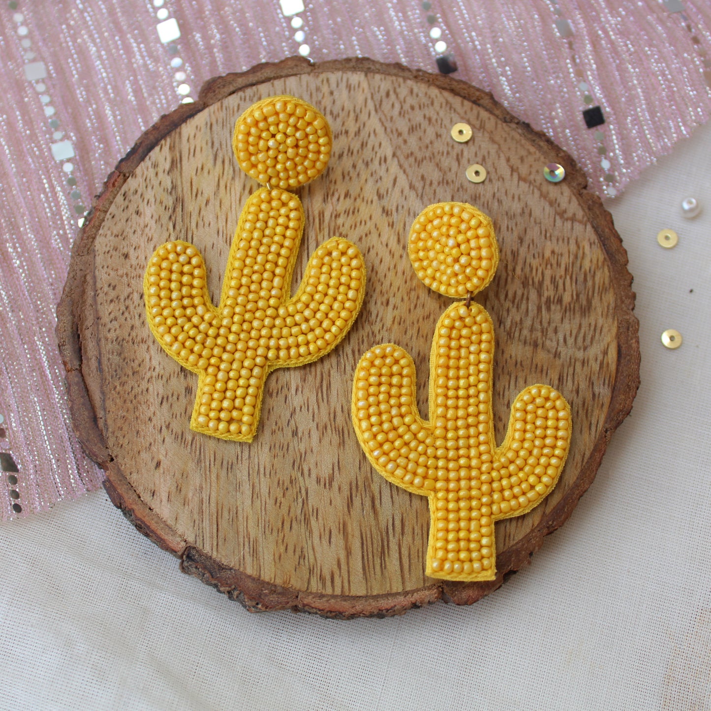 Yellow Handcrafted Beaded Cactus Earrings
