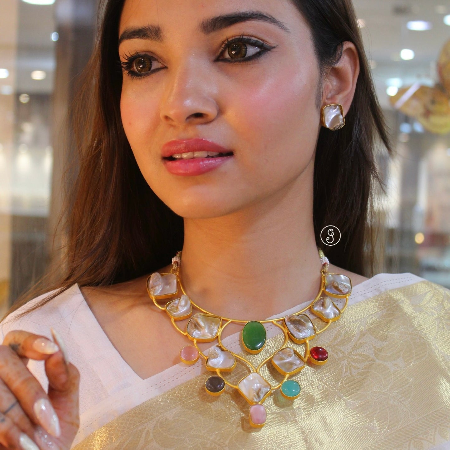 Fabulous Multi-Stones Embedded Brass Necklace Set