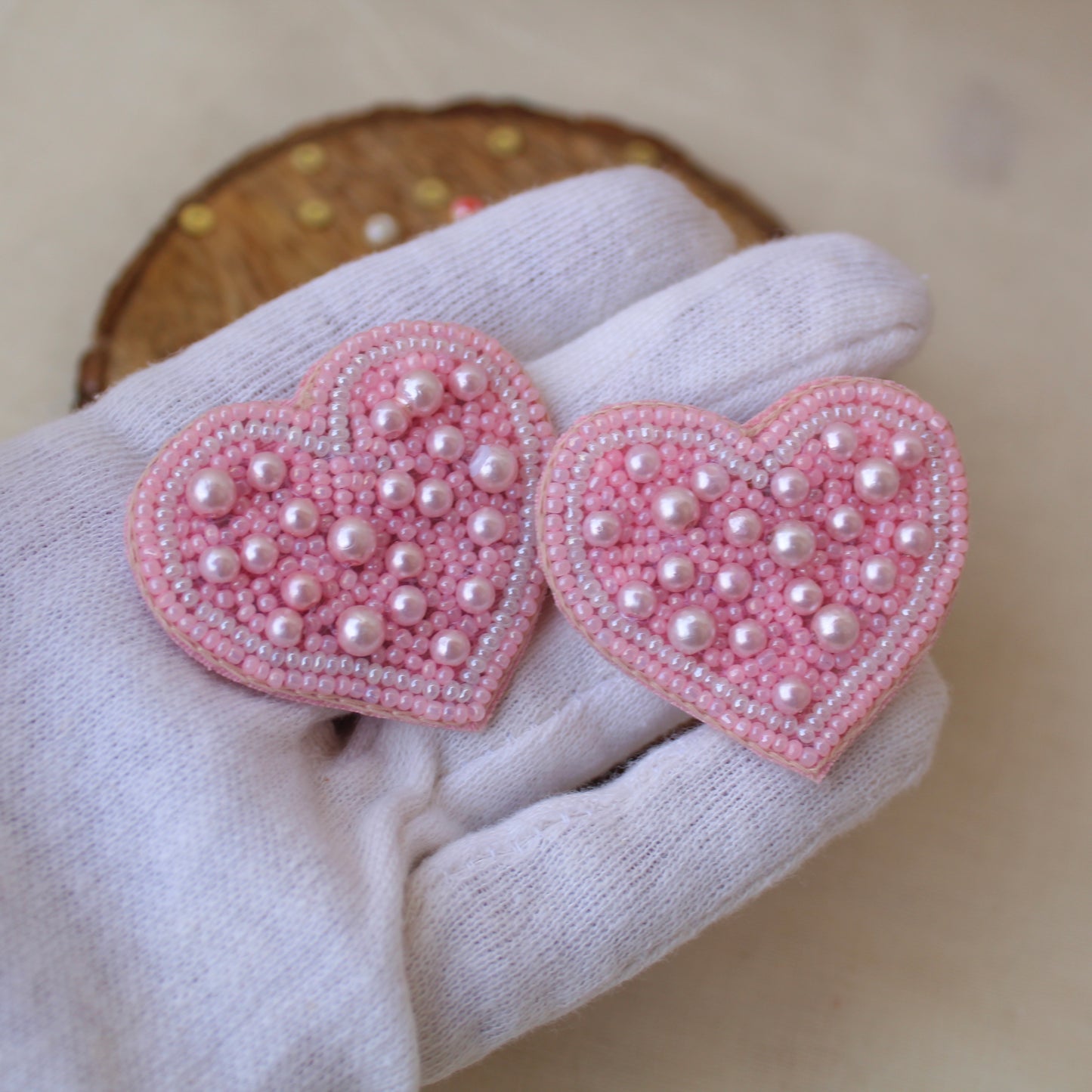 Lovely Pink Beaded Heart Earrings
