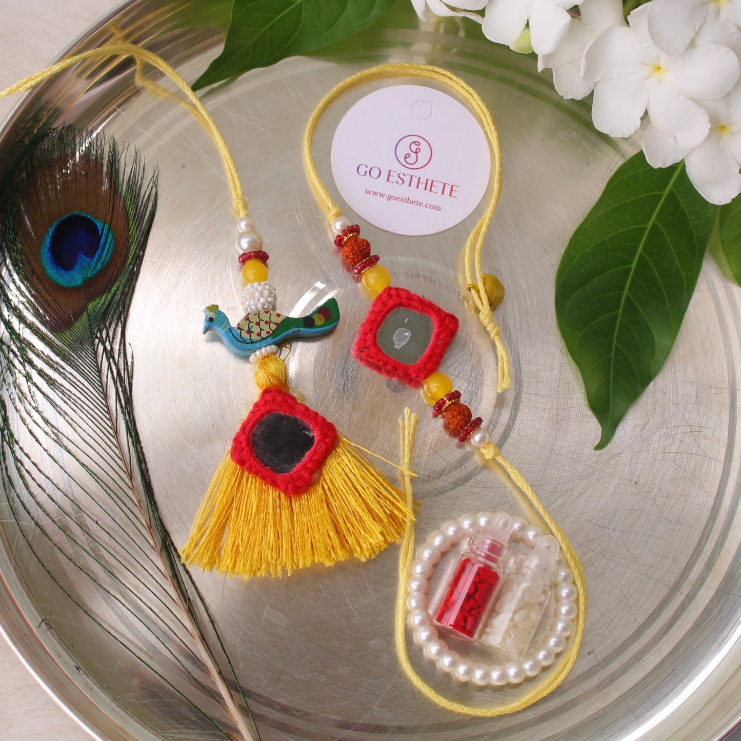 Red & Yellow Mirror Work Rakhi Pair