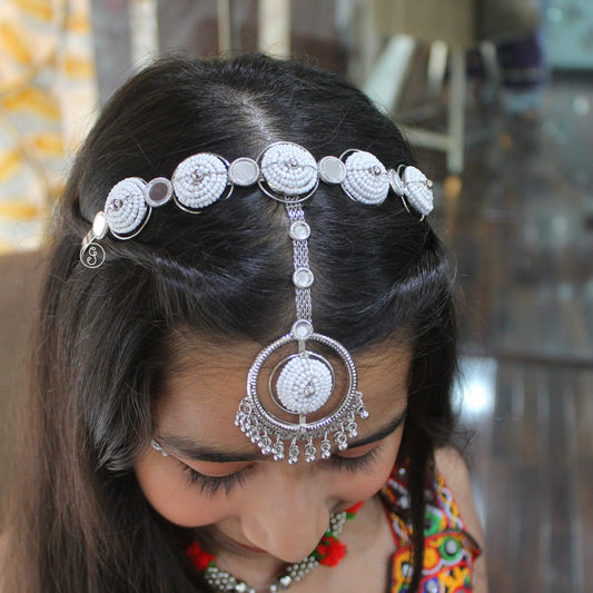 Silver Beaded Mirror Work Maang Tikka Hairband
