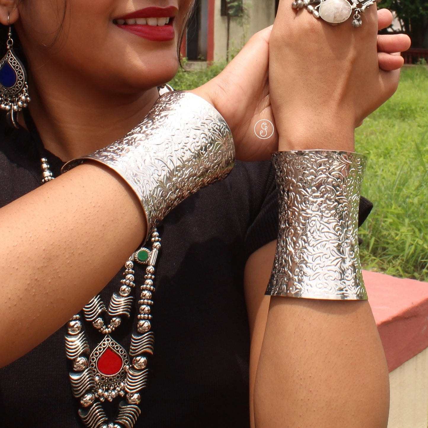 Silver Carved Long Hand-Cuff Bracelet Pair