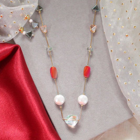 Multicolour Beads Gold-Plated Chain & Earrings Set