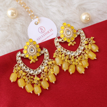 Yellow Kundan & Beads Embellished Earrings