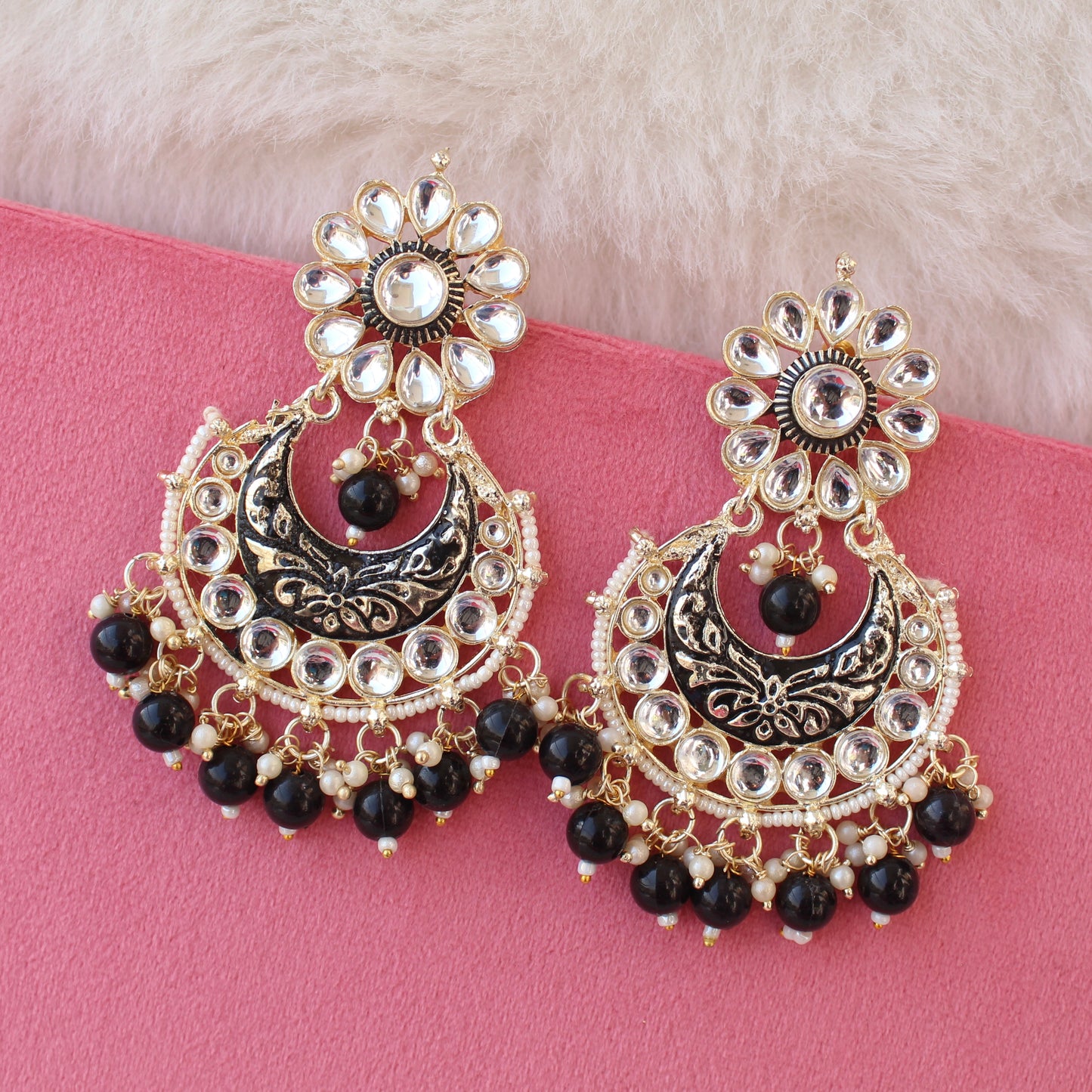 Bold Black Kundan & Meenakari Chandbali