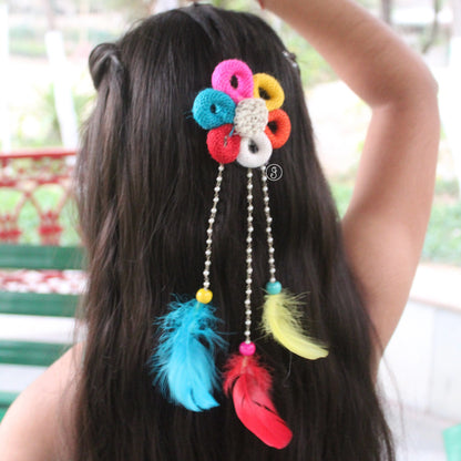 Multicolour Jute Hairpin with Pearl & Feather Hangings