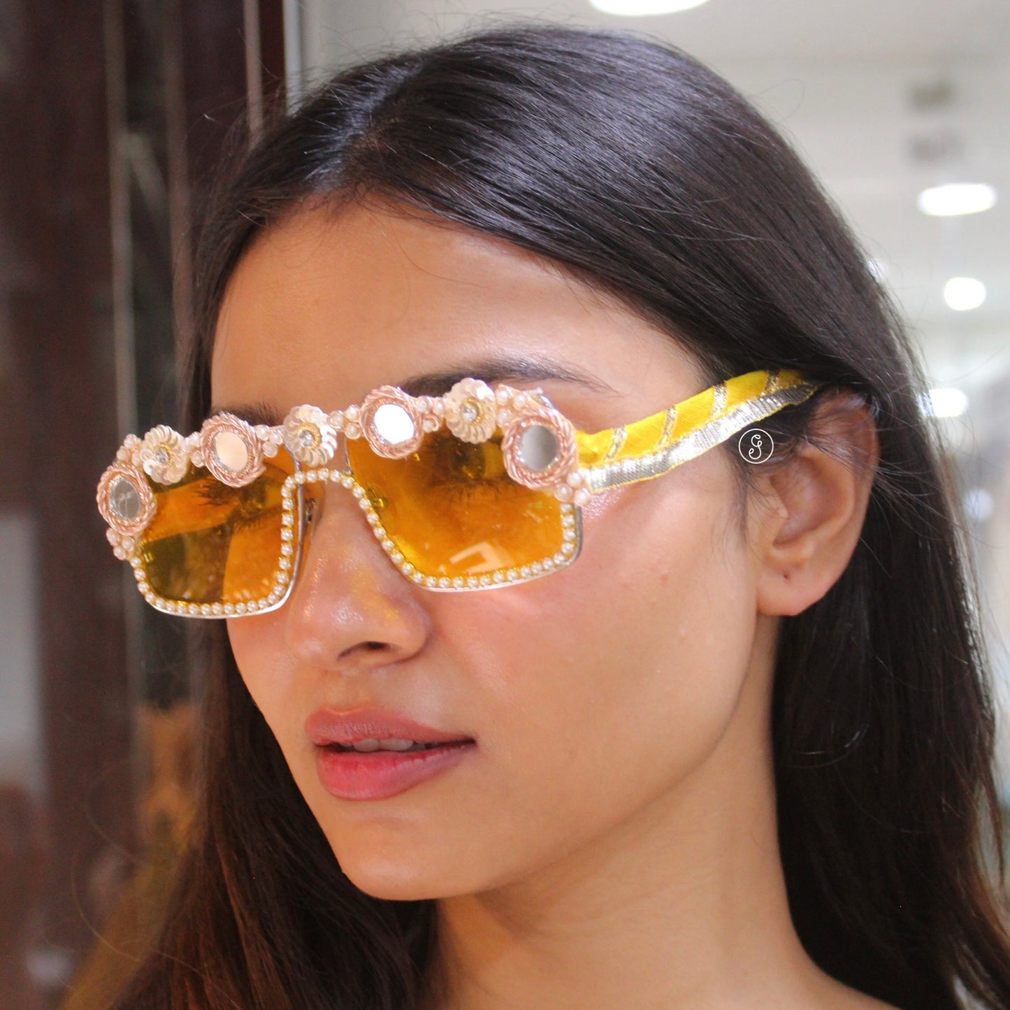 Floral Embellished Yellow Statement Sunglasses
