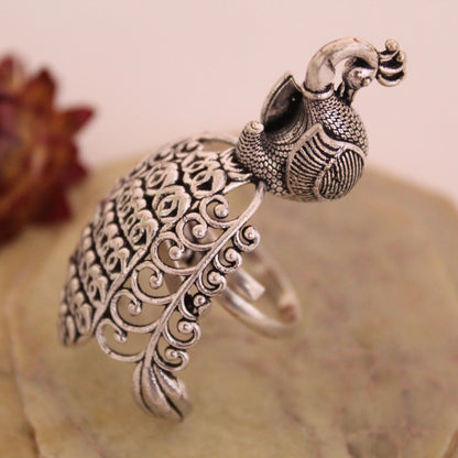 Pretty Peacock Design Oxidised Silver Ring