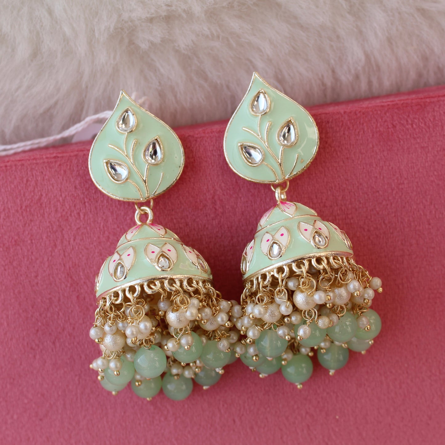 Mint Green Meenakari Jhumki Earrings