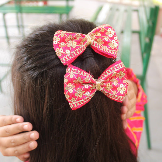 Hot Pink Embroidered Ethnic Bow Hair Clip