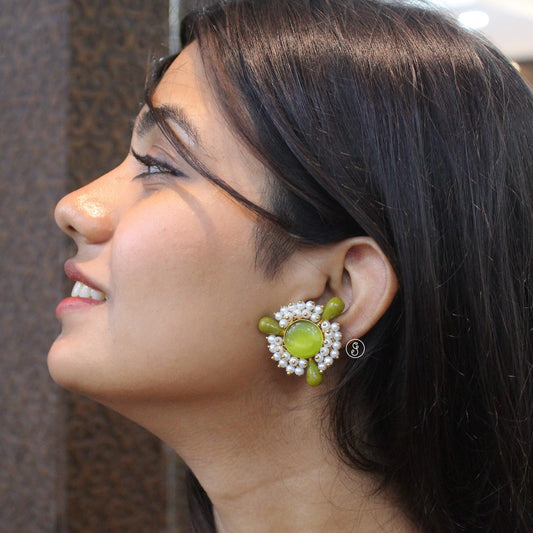 Green Monalisa Stone & Pearl Brass Stud Earrings