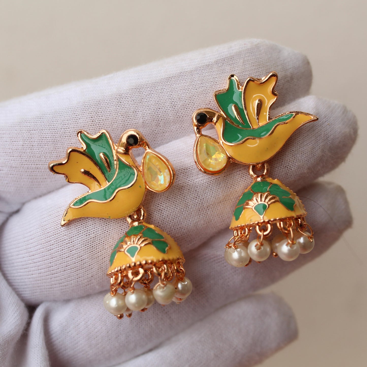 Yellow & Green Mini Meenakari Jhumki