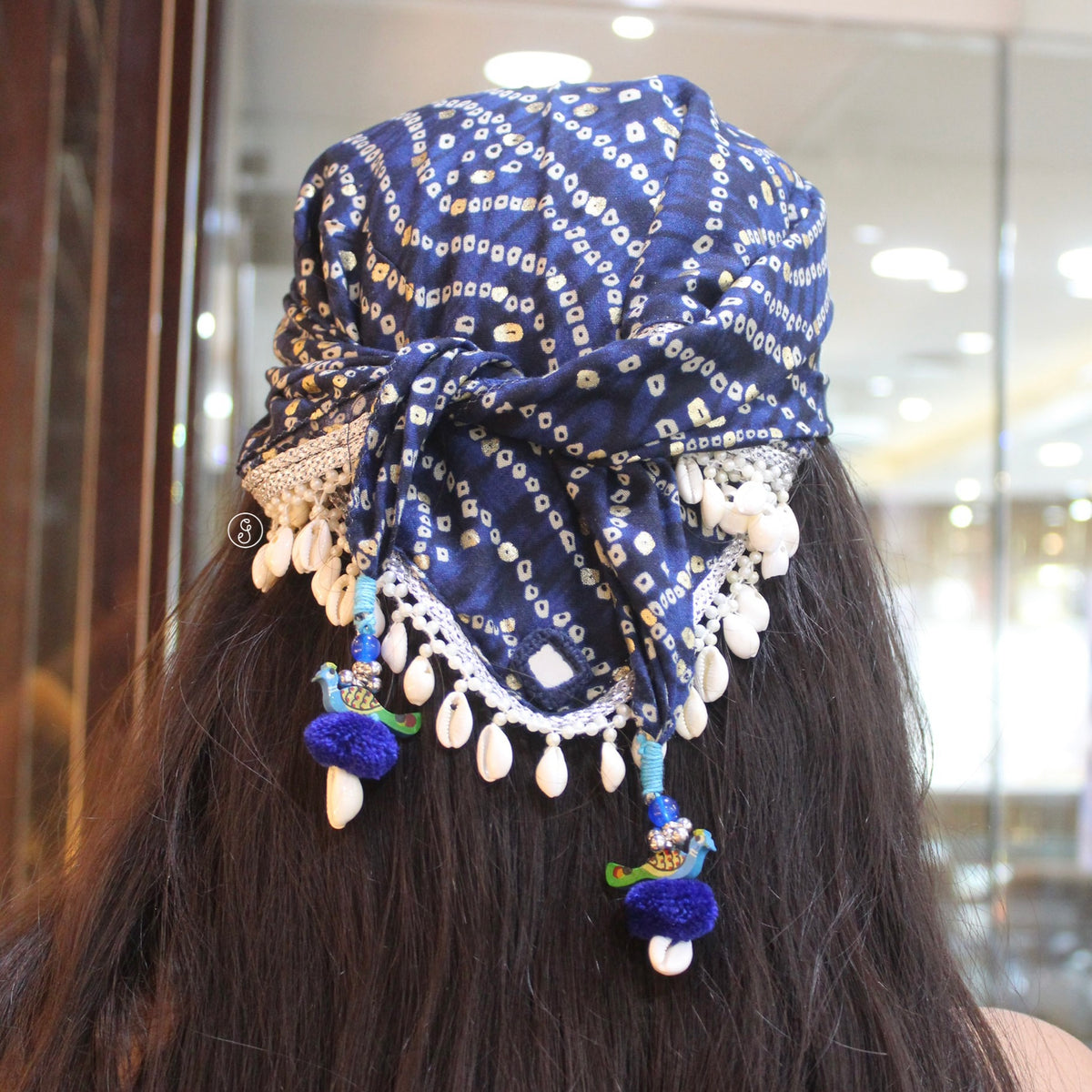 Blue Bandhani Print Bandana with Shell Detailing