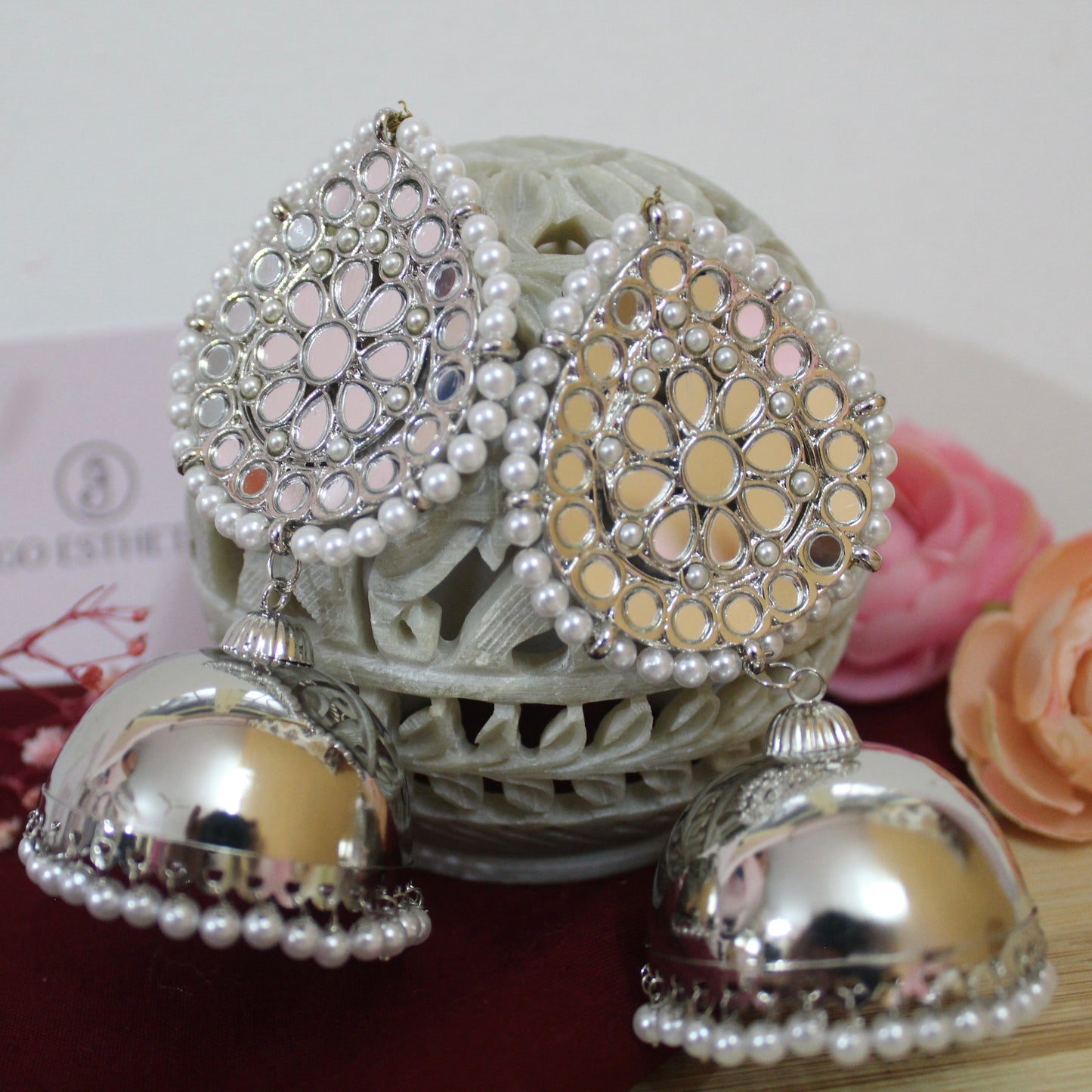 Silver Mirror Work Jhumki Earrings