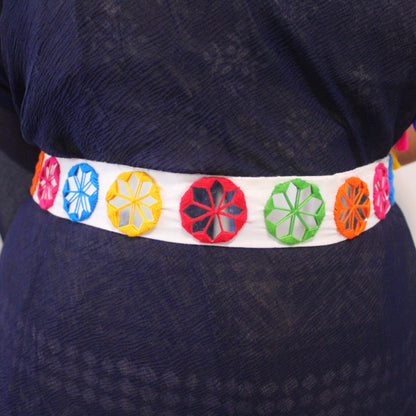 White & Multicolour Mirror Work Waist Belt