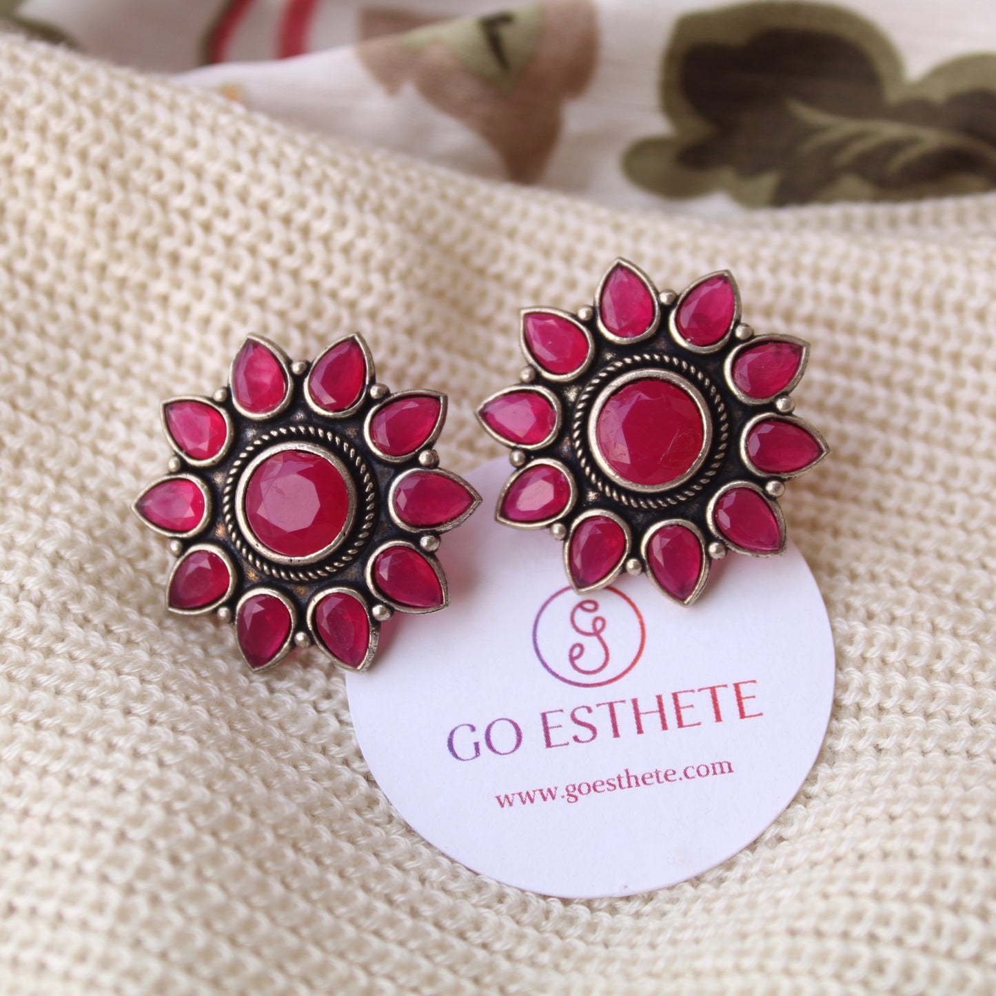 Magenta Pink Oxidised Silver Studs