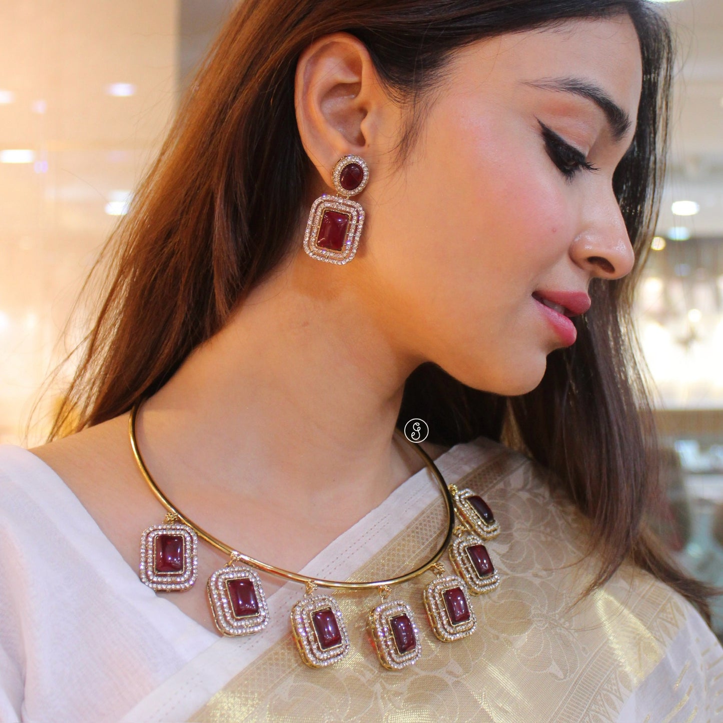 Classy Antique Golden & Ruby Hasli Necklace Set