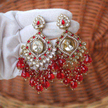 Radiant Red Kundan & Beads Work Long Earrings