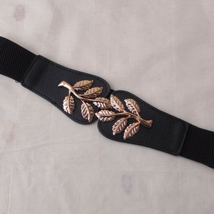 Classy Golden Leaf Motif Stretchable Waist-belt