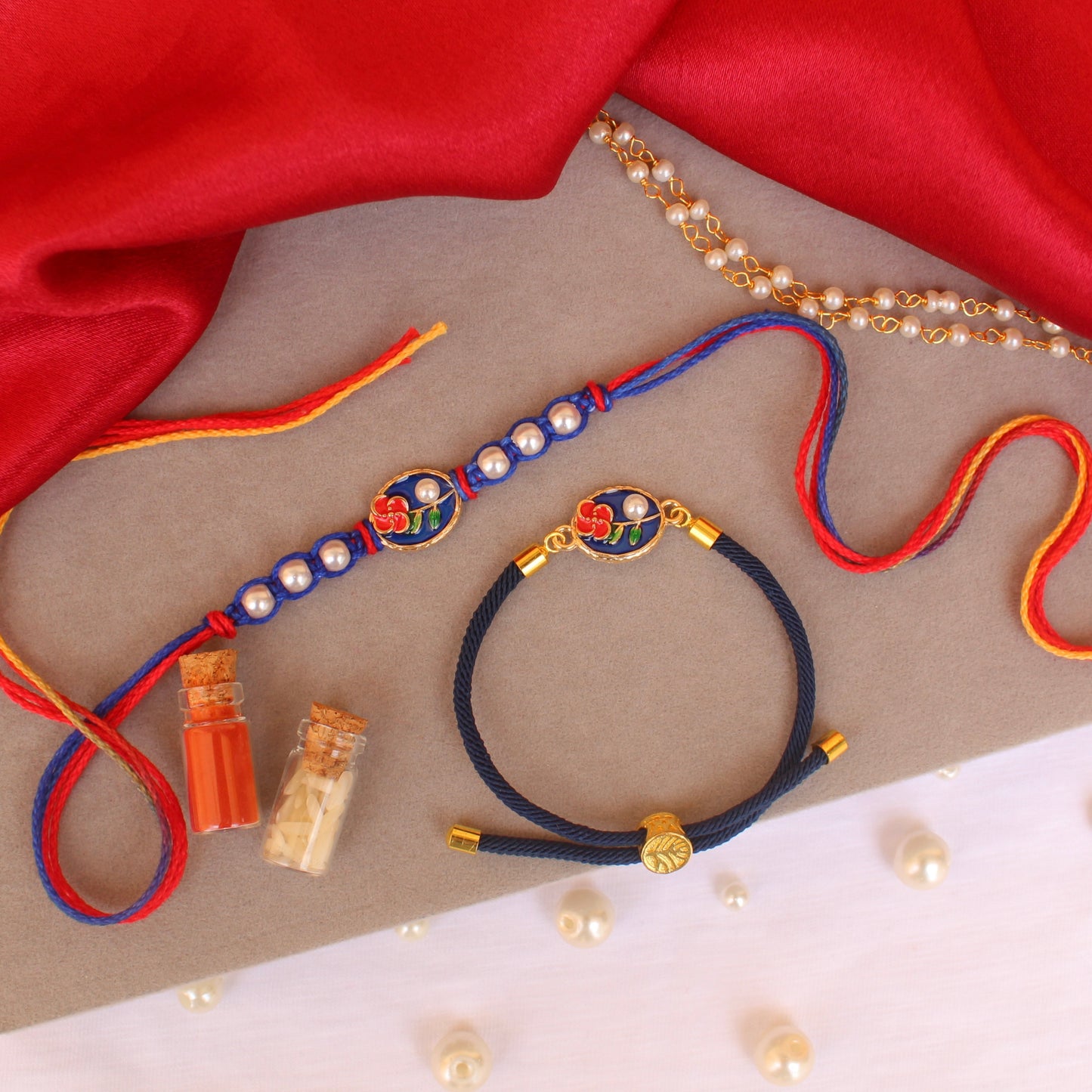 Blue Floral Rakhi & Bracelet Pair