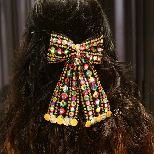 Beautiful Black & Vibrant Gujarati Bow Hair-Clip