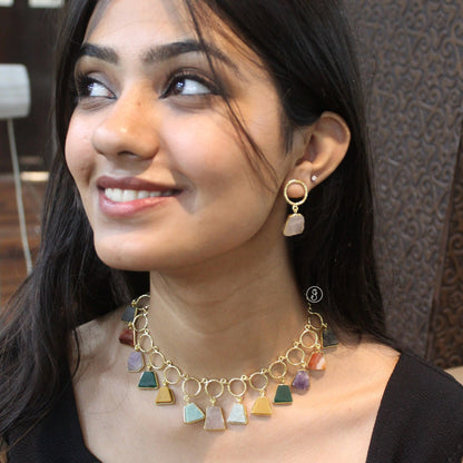 Natural Stone & Brass Statement Necklace Set