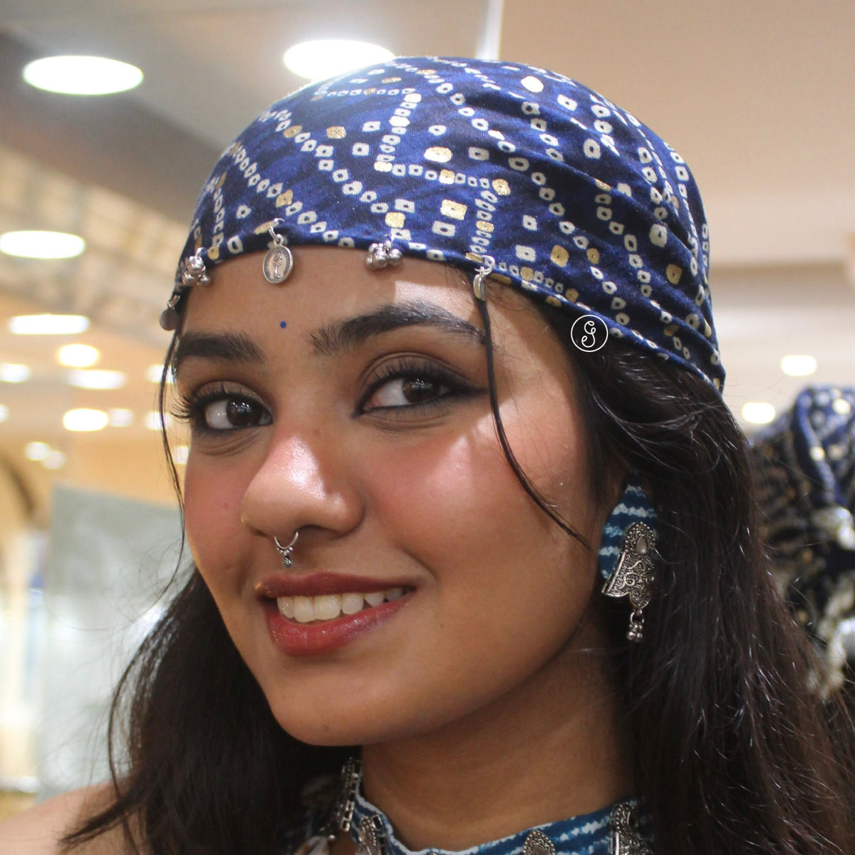 Blue Bandhani Print Bandana with Shell Detailing