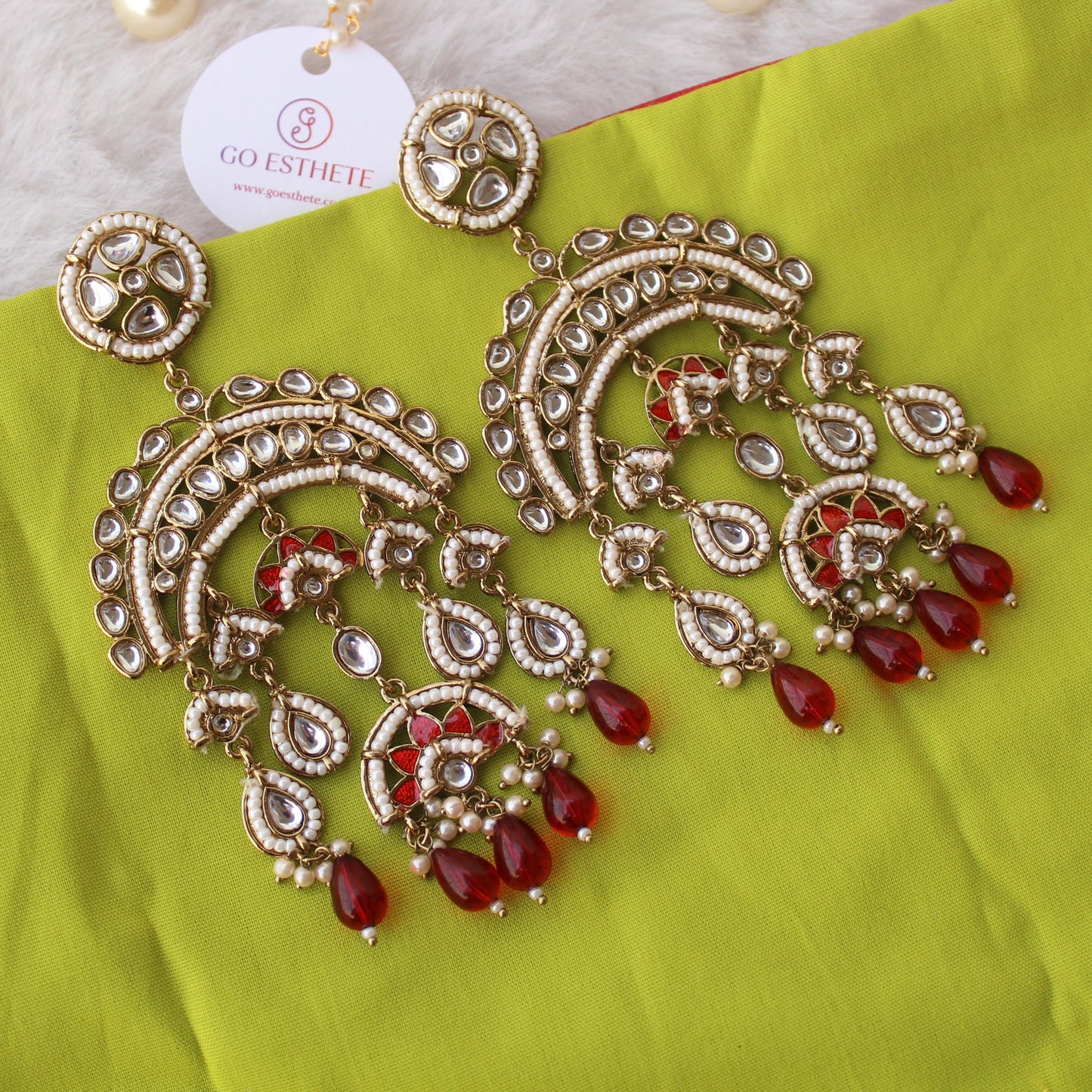 Red Bollywood Inspired Long Kundan Earrings