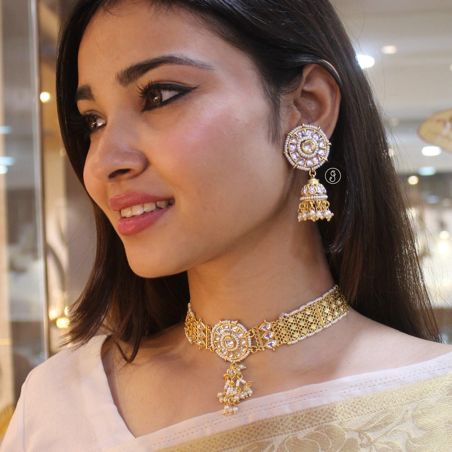 Gold Plated Choker Necklace With Jhumki Earrings