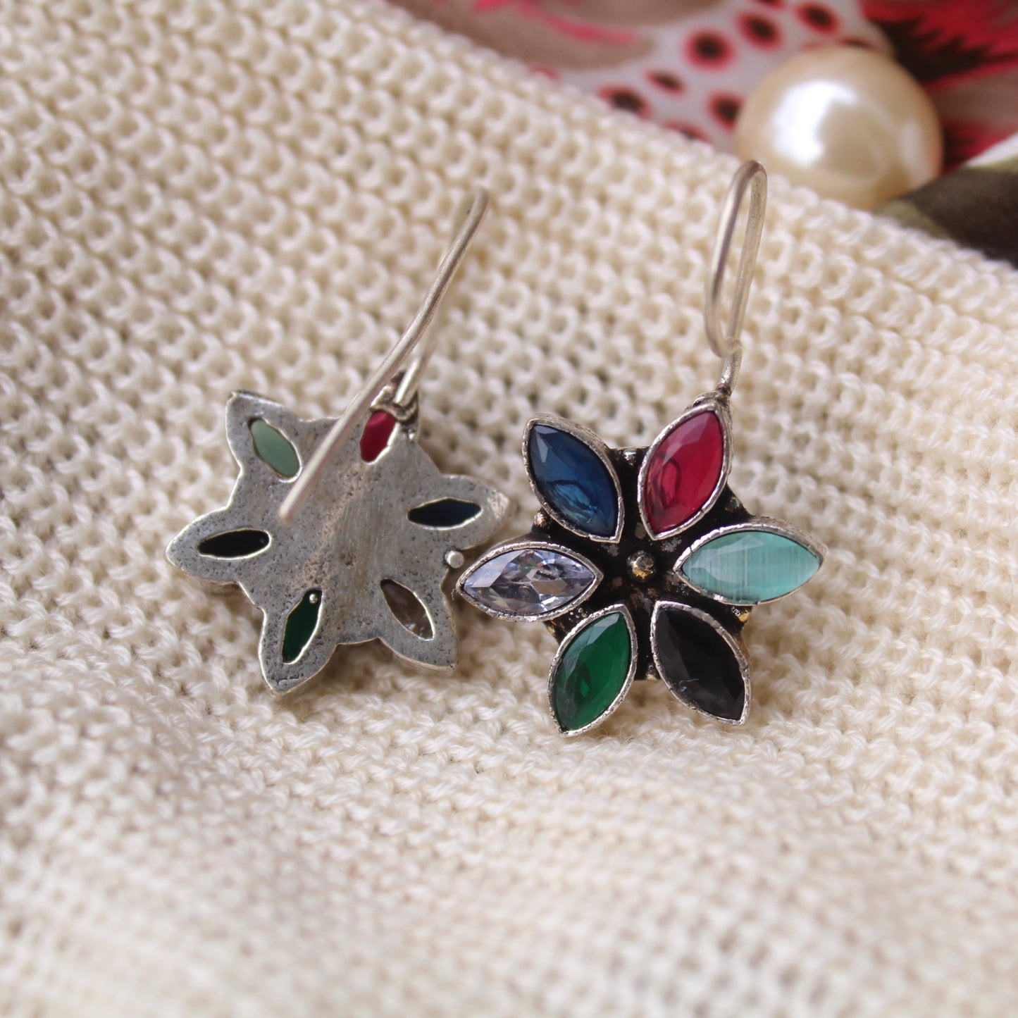 Multicoloured Stones Work Brass Earrings