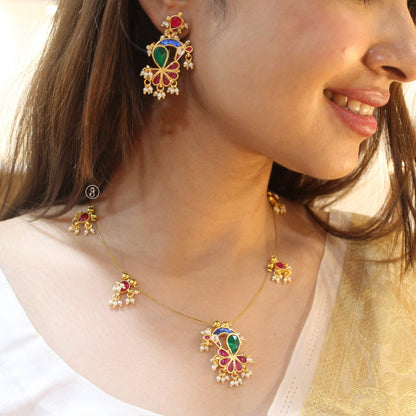 Gold Plated Peacock Design Kundan Necklace Set