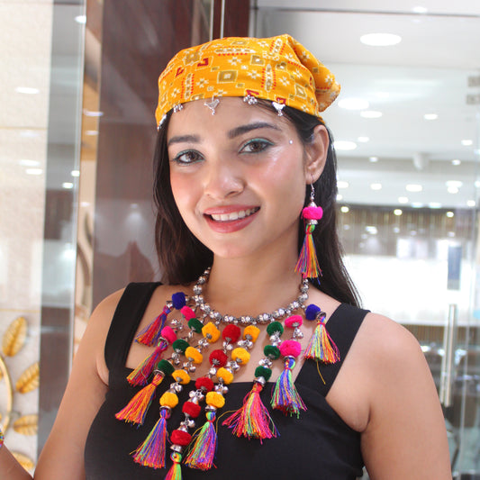 Multicoloured Pompom & Tassels Necklace & Earrings