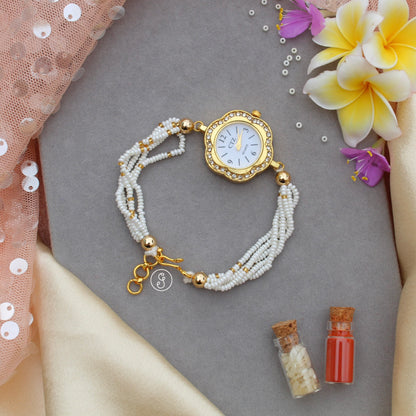 Lotus Pearl Rakhi with Beaded Bracelet Watch