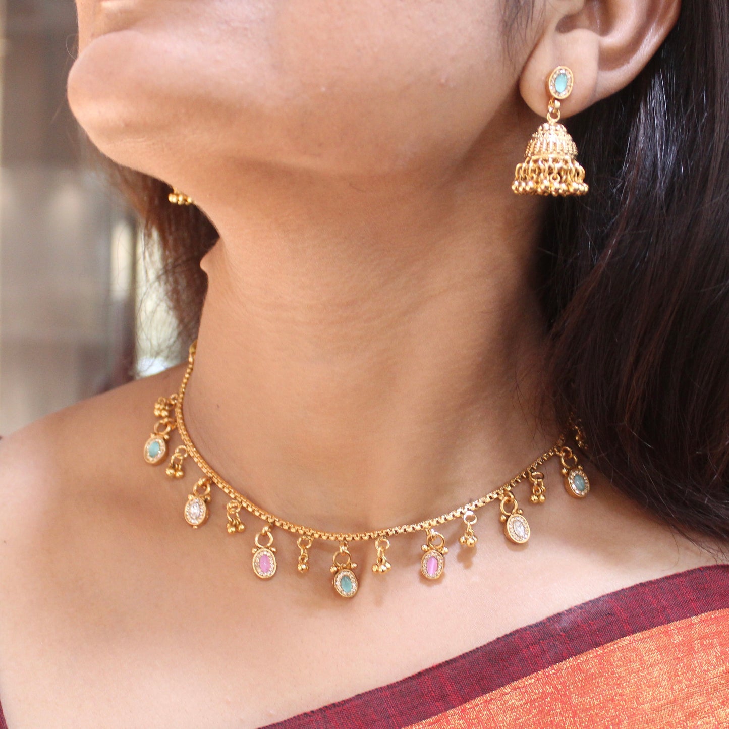 Gold Plated Brass Multicoloured Necklace Set