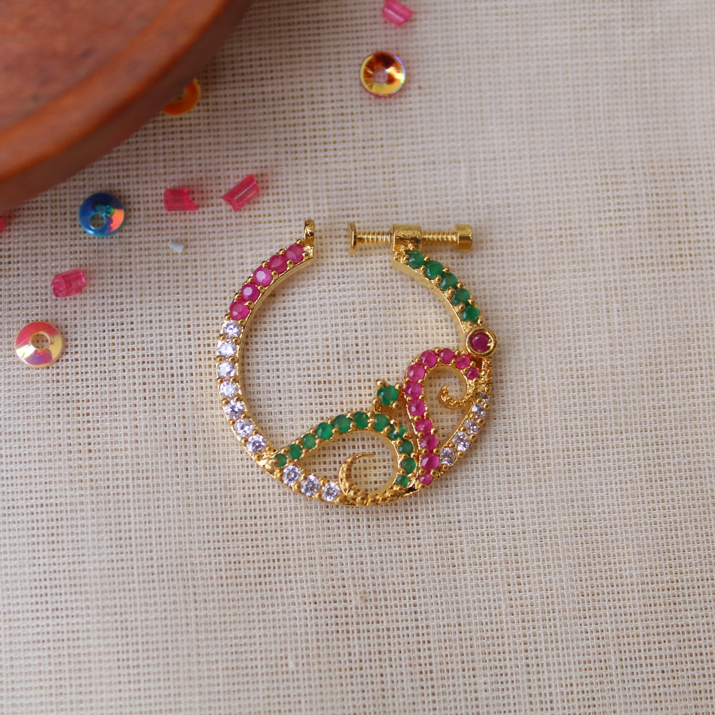 Pretty Multicolour AD Diamonds Work Golden Nath