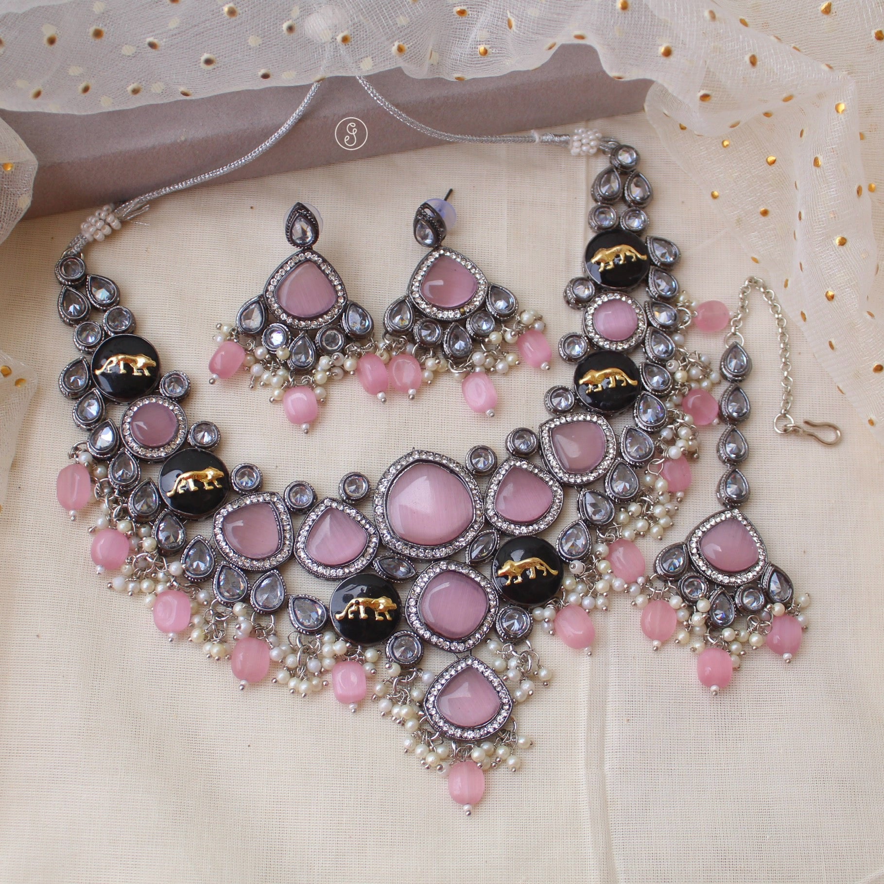 Pink Monalisa Stones Sabyasachi Inspired Set - Main Image
