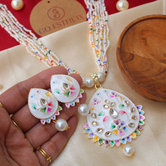 White and Multicolour Beads & Meena Work Necklace