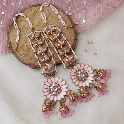 Pretty Pink Ethnic Earrings With Attached Earchains