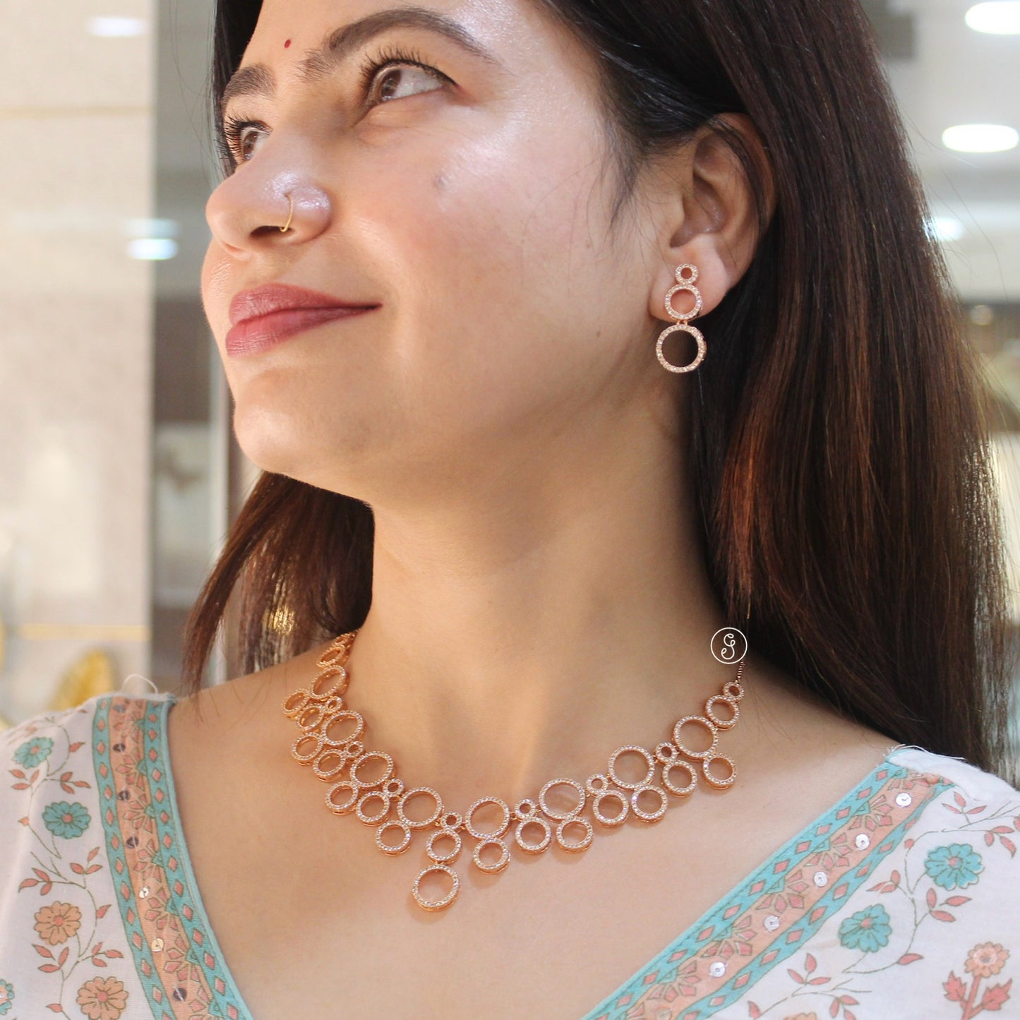 Rose Gold CZ Circle Design Necklace Set