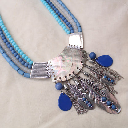 Blue Beads & Tassels Work Long Necklace